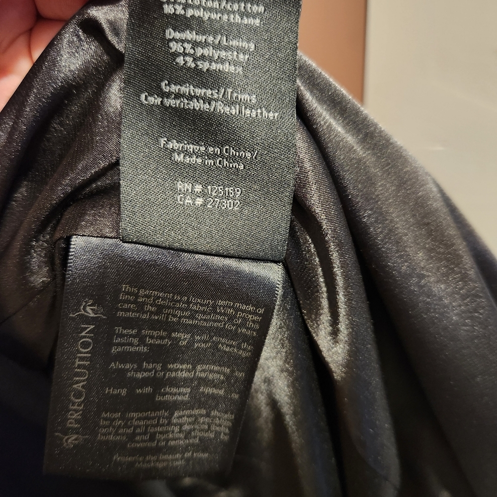 XS Mackage Double Breasted Long Sleeve Trench Coat, Black with Leather Trim - Picture 5 of 6